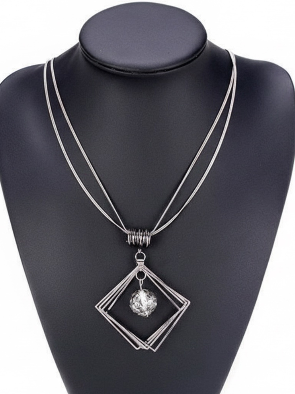Womens Multi-Chain Black Gray Square Pendant Statement‎ Necklace